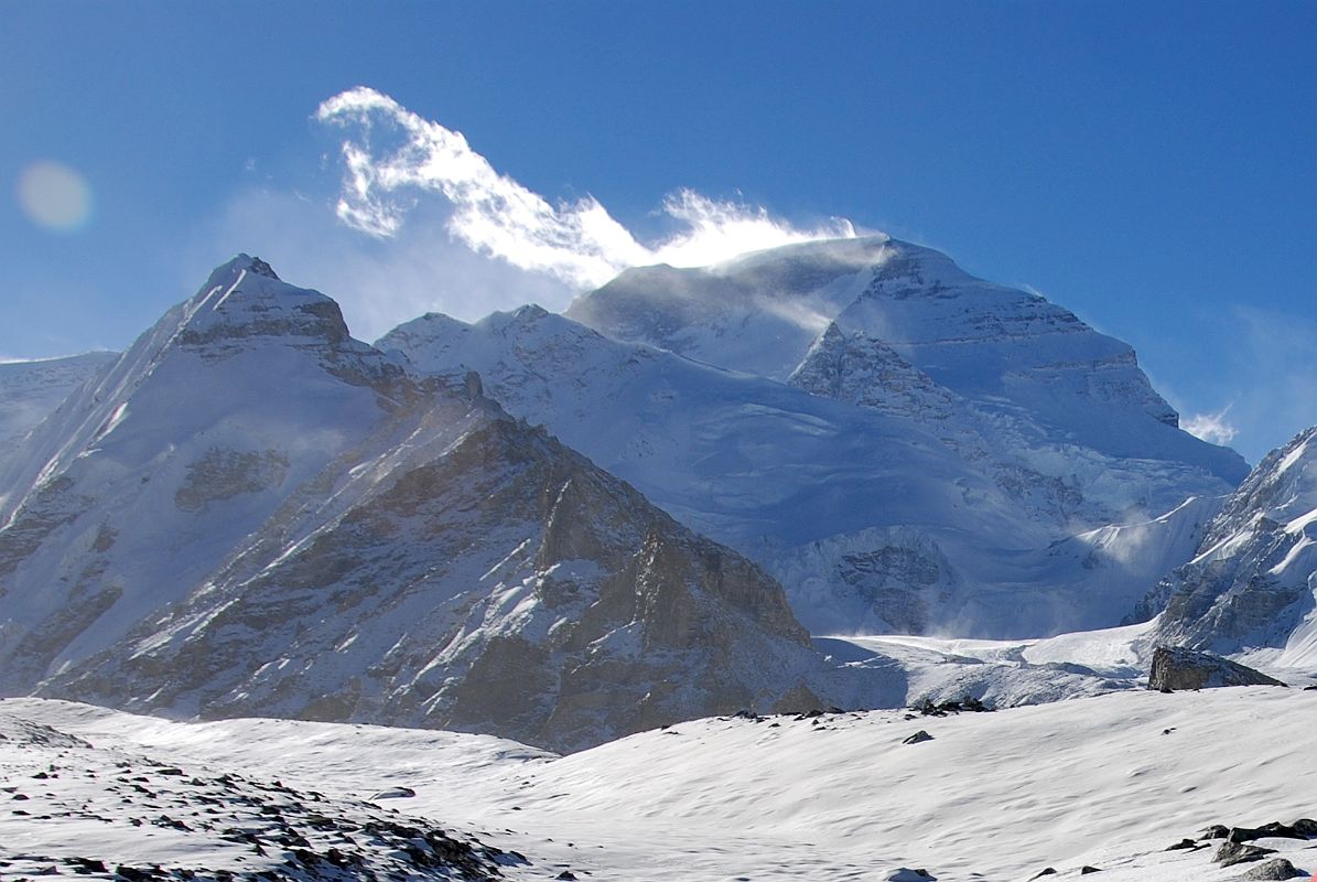 19 Cho Oyu And Palung Ri Close Up From Cho Oyu Intermediate Camp Early Morning The wind blows plumes off Cho Oyu (8201m) from Intermediate Camp (5434m) in the morning light.